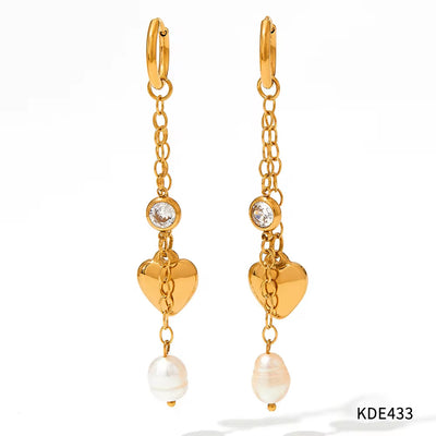 18K Gold Plated Stainless Steel Jewelry Tassel Heart Fresh Water Pearl Cubic Zirconia Drop Earrings for Womens