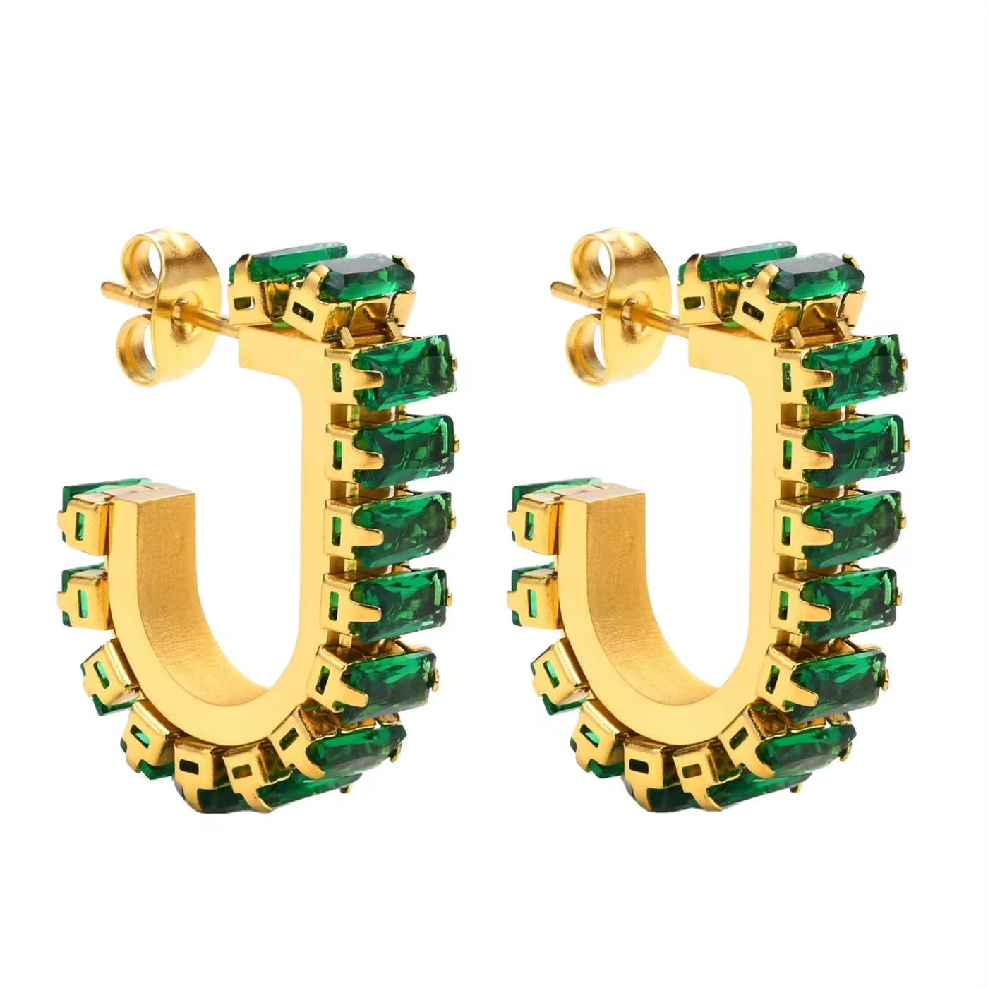 Good Quality 18K Gold Plated Green Cubic Zircon Earrings Deliate No Fade Stainless Steel Bling Diamond U Shape Earrings