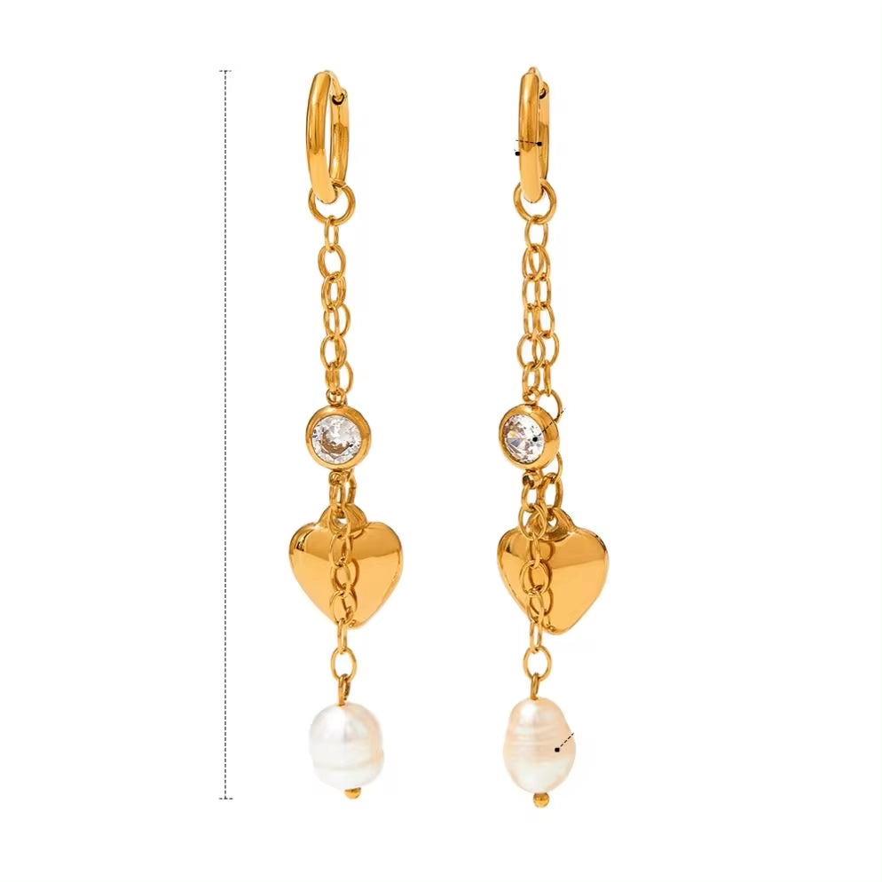 18K Gold Plated Stainless Steel Jewelry Tassel Heart Fresh Water Pearl Cubic Zirconia Drop Earrings for Womens